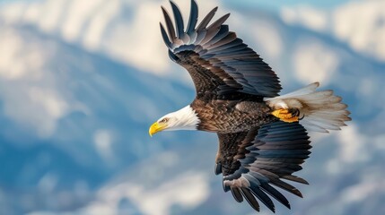 Obraz premium A bald eagle in flight against a backdrop of snow-capped mountains, its sharp eyes scanning the landscape below.