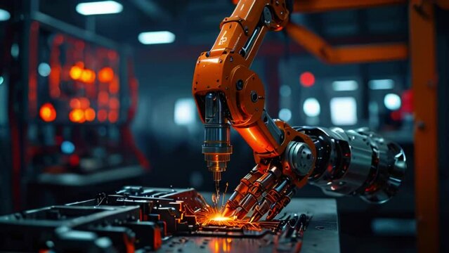 This is a video of a robotic arm welding a piece of metal in a factory.