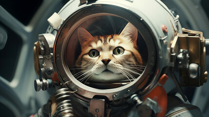 Cat in an air suit sailing through the universe