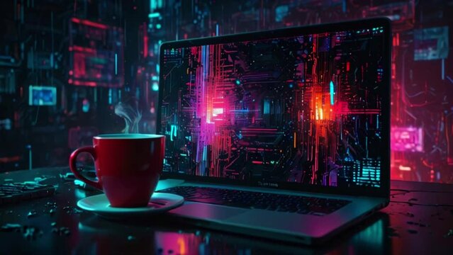 A red coffee cup and a laptop sit on a table with a circuit board-like background.