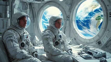 This is an video of two astronauts sitting in a spaceship. They are wearing white spacesuits and looking out of the window at the Earth. - Powered by Adobe