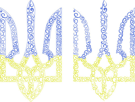Ukrainian national emblem trident tryzub spiral pattern textured in Ukrainian flag colors