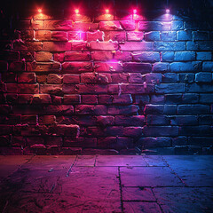 Neon light on brick walls that are not plastered background and texture. Lighting effect red and blue neon background