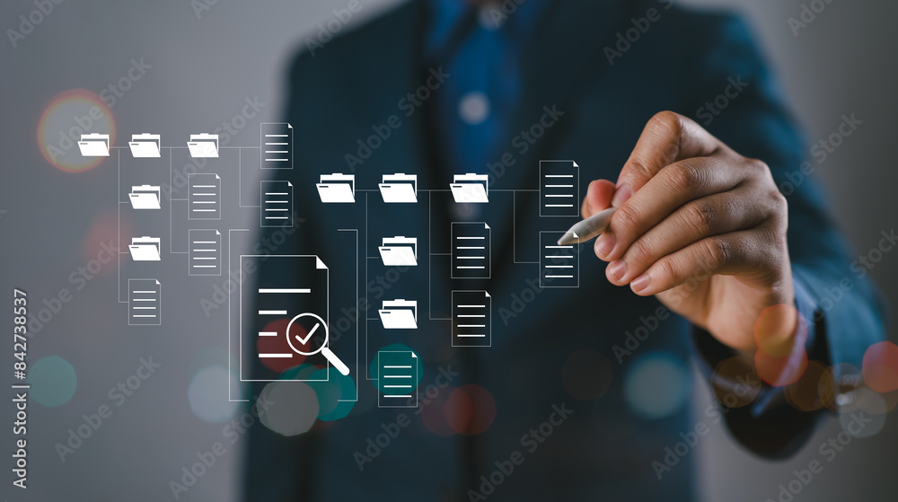 Aufkleber Businessman working with digital document on virtual screen, Document Management System (DMS), documentation database and process automation to efficiently manage files and folder