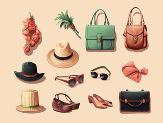 Banner with traveling and tourism elements. Colorful touristic objects like backpack, suitcase, glasses and hat cap. Summer holiday background. Colored flat illustration