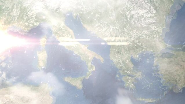 Zoom in from space and focus on Modugno, Italy. 3D Animation. Background for travel intro. Elements of this image furnished by NASA