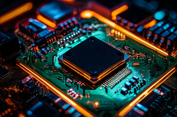 A processor on a circuit board with pulsating neon lights gives a sense of dynamic energy flow. 8k resolution image Generative AI image.
