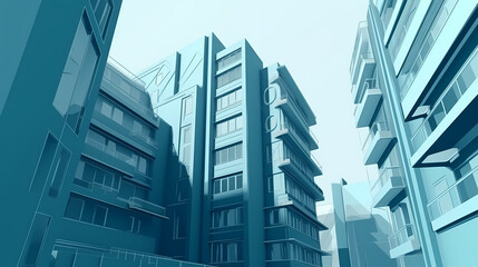 Low angle,Modern Architecture 3D illustration. Architecture building construction perspective paper cut style, underside view urban building abstract background