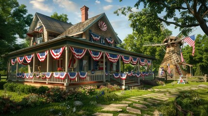 Fototapeta premium A charming farmhouse with a wraparound porch adorned with American flags, red, white, and blue bunting draped along the railings