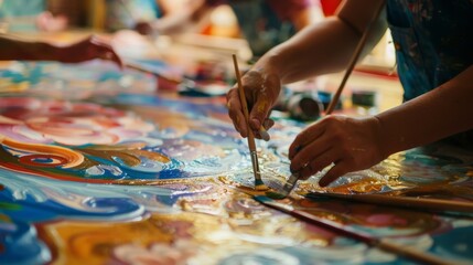 Obraz premium A group of painters work together to recreate the intricate patterns and colors of a historical ceiling mural one brushstroke at a time.