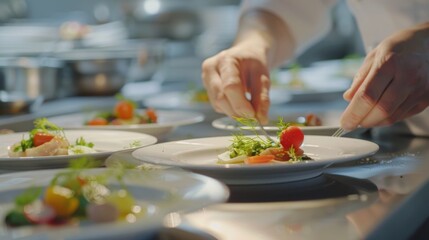 A closeup shot of the chef plating up an exquisite dish with colorful vegetables and herbs on one plate while other plates sit in line waiting to be served at a luxury restaurant. 