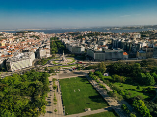 AERIAL View of Eduardo VII park with labyrinth in Lisbon, Portugal 