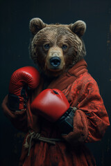 Boxer bear in red boxing gloves with a robe on a dark background, 3d render 