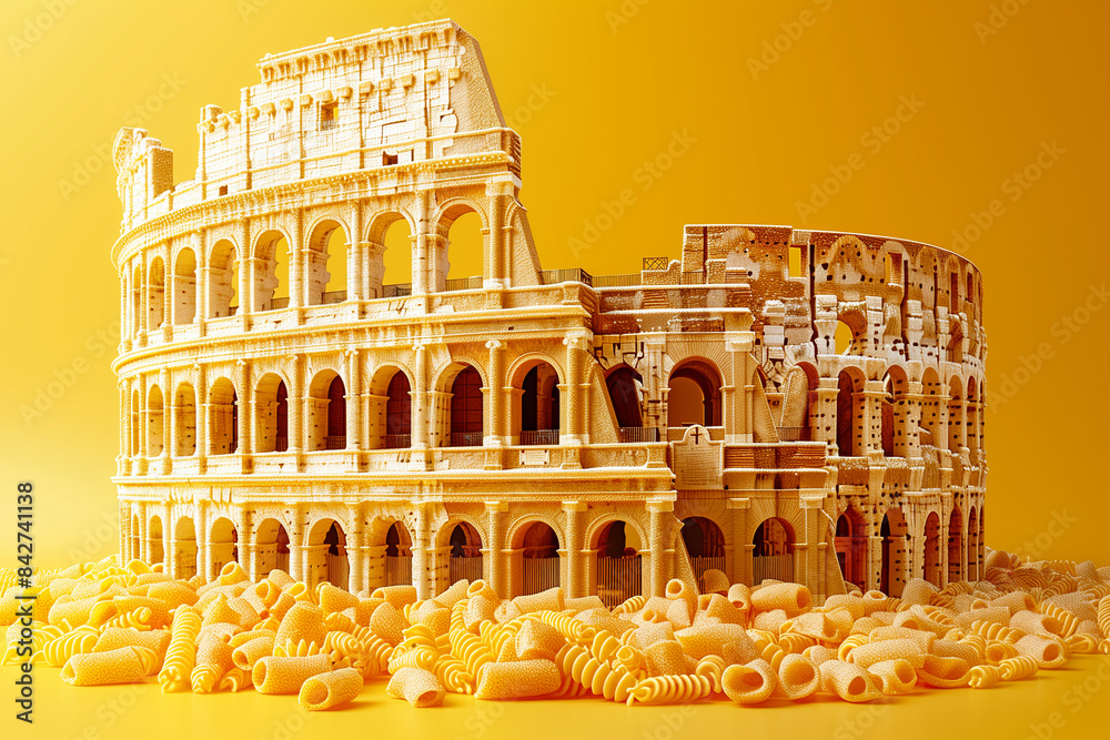 Wall mural The Colosseum is made from pasta, spaghetti on yellow background, art creative, 3D rendering