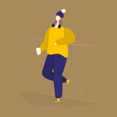 Vector drawing of an abstract man in a yellow jacket and a blue beret resting by the fence, holding a disposable cup with a drink