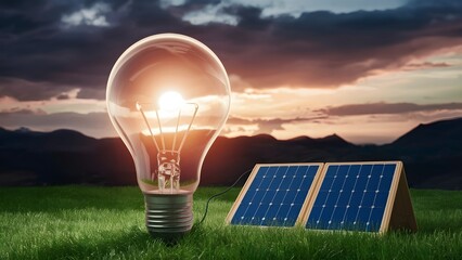 Illustration of a glowing light bulb connected to a solar panel in nature. The concept of saving electricity, preserving the environment, using renewable natural resources