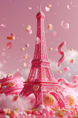 The Eiffel Tower is made of candy on pink background, art creative, 3D rendering