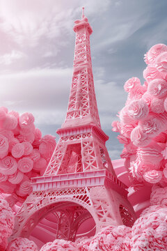 The Eiffel Tower is made of candy on pink background, art creative, 3D rendering