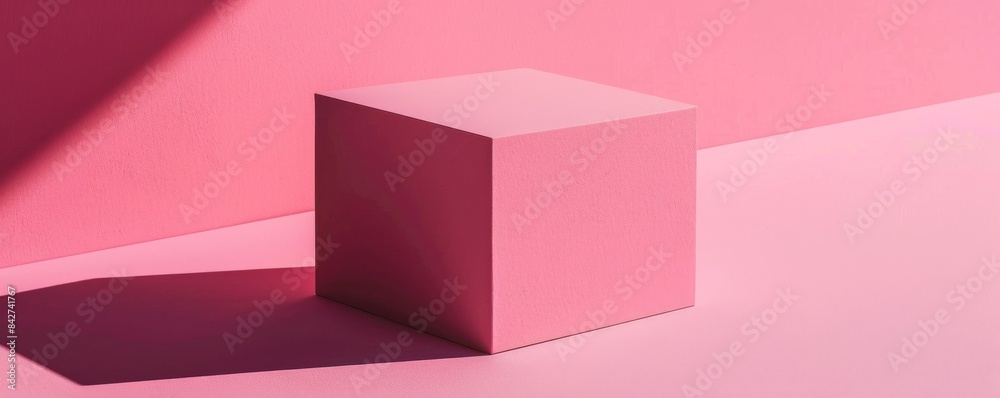Poster pink cube on solid pink background with shadows, minimalistic geometric concept
