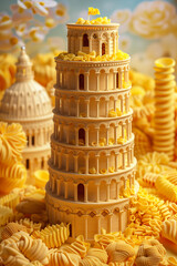 The Italian Tower of Pisa made from pasta, art creative, 3D rendering