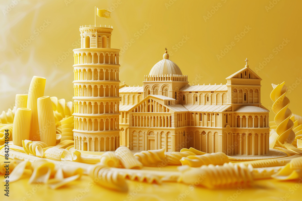 Poster the italian tower of pisa and the colosseum are made from pasta on yellow background, art creative, 