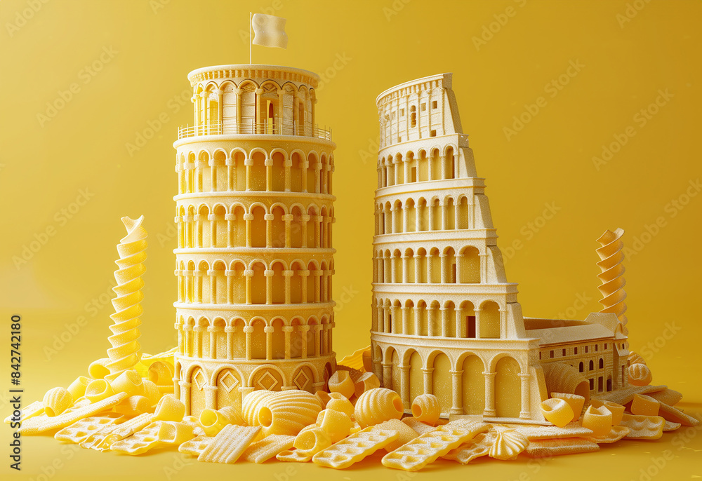 Wall mural The Italian Tower of Pisa and the Colosseum are made from pasta on yellow background, art creative, 3D rendering