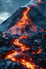 Volcanic eruption with glowing lava flows 