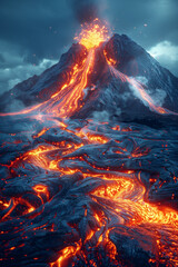 Volcanic eruption with glowing lava flows 