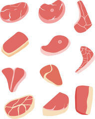 Hand drawn vector illustration set of fresh meat. Tasty meat icons set in flat design. Various types of beef. Vector beef set. Vector fresh meat.
