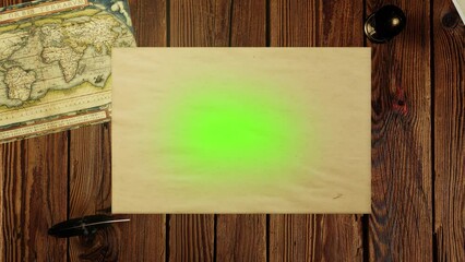 Paper/Map/ Scroll unrolling on both sides with Green Screen slowly growing on a wooden Desk- 3d motion animation 4K Chroma Key