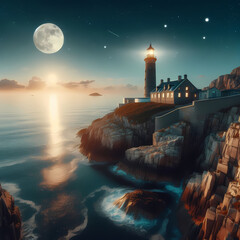 lighthouse at night in the sea