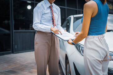 A young businesswoman is navigating car insurance options at her desk, considering premiums,...