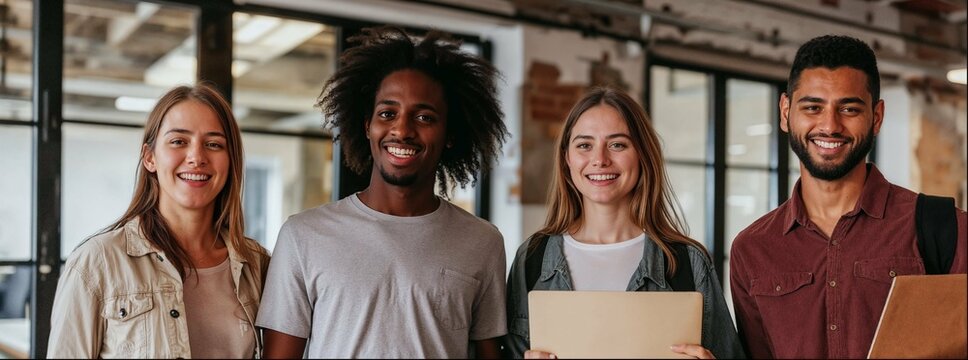 Group of four diverse people smiling and holding paper in an office, 20s age, casual , modern architecture, natural lighting, neutral colors.