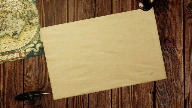 Old Paper/Map unrolling with Green Screen on a wooden Desk- 3d animation 4K Chroma Key