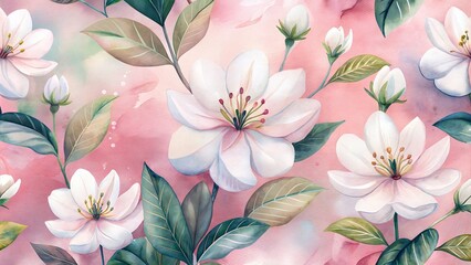 Obraz premium Watercolor illustration of white flowers with green leaves on a pink background