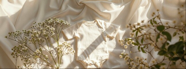 White cotton baby bodysuit with dried flowers and beige linen fabric on a white background with copy space, pregnancy announcement mockup template.