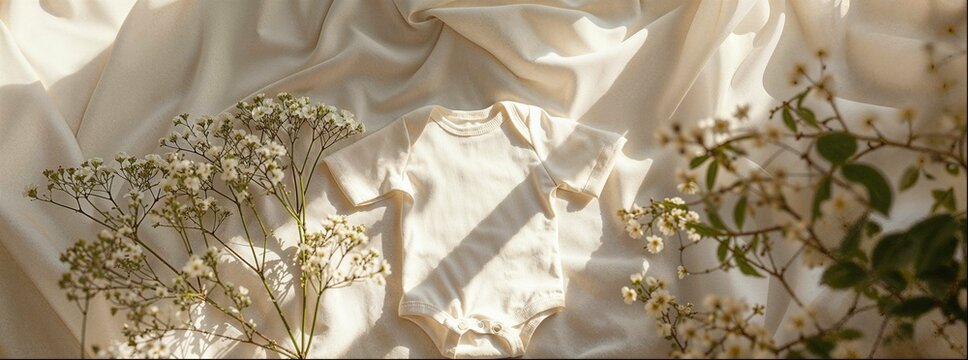 White cotton baby bodysuit with dried flowers and beige linen fabric on a white background with copy space, pregnancy announcement mockup template.
