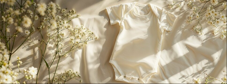 White linen background with white clothes for newborns. Gypsophila flowers horizontal long shot, muted tones.
