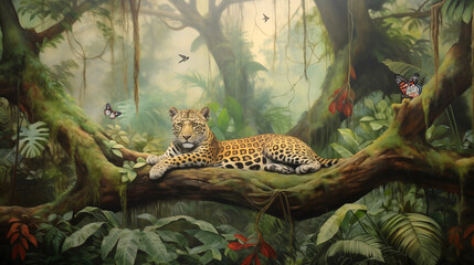 Wallpaper with a jaguar animal background pattern in a dry tropical forest with trees, plants, birds and butterflies on a dark background.