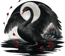 A striking digital pen drawing of a black swan with outstretched wings © PalashChandra