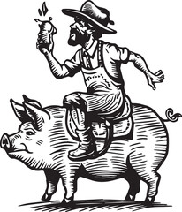 bohemian doodle art logo mark of a butcher riding a pig's back