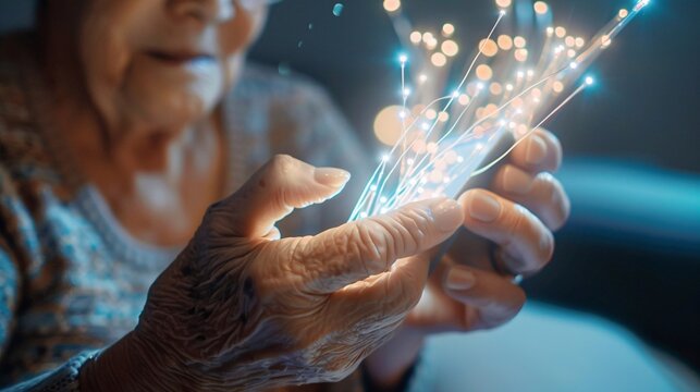A close-up shot of a senior woman's hand holding a smartphone, her fingers adeptly navigating the touch screen. Behind her, a glowing fiber optic cable snakes across a wall, symbolizing the