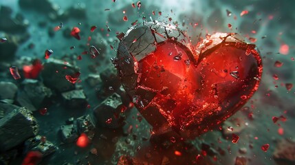Broken red heart 3d design, exploded shattered into pieces, virtual screen blend
