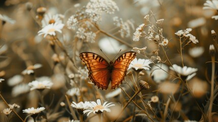 Obraz premium Butterfly with brown wings resting on a white bloom in the field