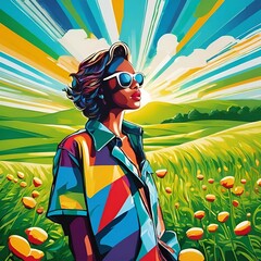 Image of a woman standing and looking at the sky in the middle of a field