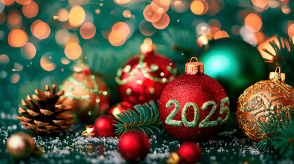 Naklejka premium New Year background for poster, calendar, Christmas tree decorations with numbers 2025, bokeh from garland, copy space