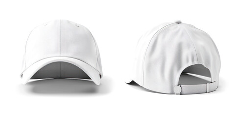 A plain white baseball cap is displayed from both front and back views. The cap features a classic design with a curved brim, ventilation holes, and an adjustable strap at the back