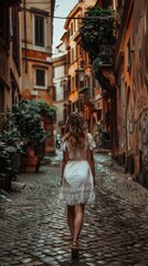 Naklejka premium A woman in a white dress walking down a cobblestone street