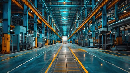 Obraz premium Modern industrial factory with automated machinery and conveyor belts for manufacturing and transportation. Blue steel machinery and equipment in empty warehouse modern production technology 