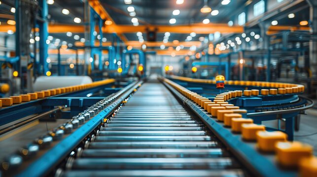 Modern industrial factory with automated machinery and conveyor belts for manufacturing and transportation. Blue steel machinery and equipment in empty warehouse modern production technology 